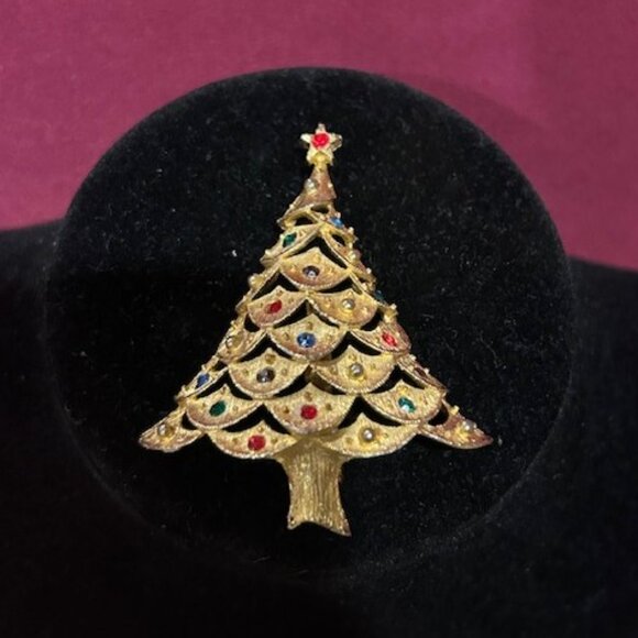 HOLIDAY🎄🎄J.J. JONETTE Brushed Gold Multi-Color Rhinestone Christmas Tree BROOC - Picture 5 of 9